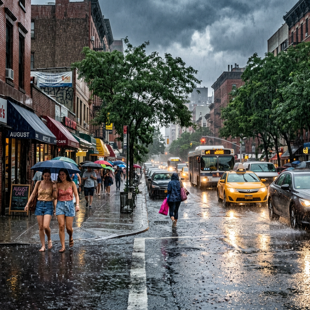Pedestrians with umbrellas walk past taxis and a bus on a rainy city street